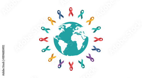 Colorful ribbons surrounding the globe representing global awareness  