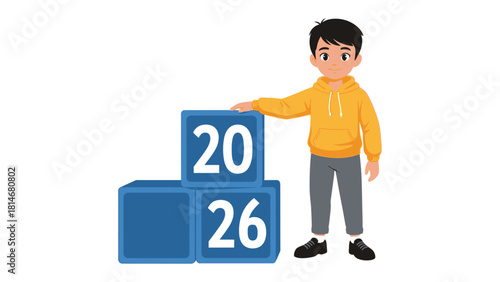Vision for the Future: A young person confidently interacts with blocks that symbolize the year 2026, creating an optimistic look toward the future.