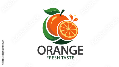Fresh Orange Fruit Logo Design, orange fruit logo, fresh taste branding, citrus logo design, whole orange icon, orange slice illustration, bright orange color, green leaf stem, modern fruit branding,