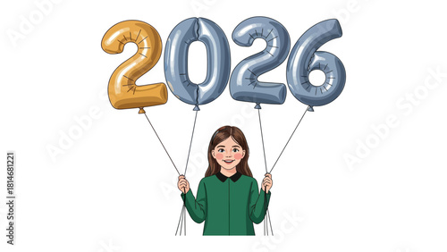 Future Outlook: a young woman stands holding four balloons forming the year 2026, offering a glimpse into the future.