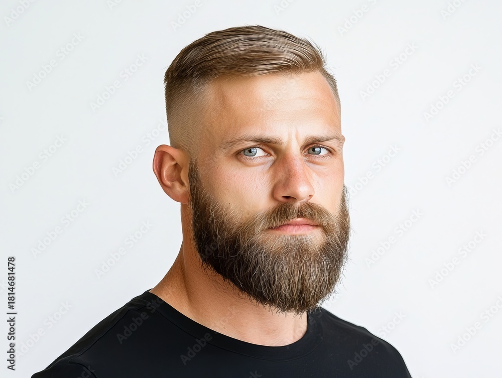 Fototapeta premium A handsome Caucasian man with a stylish beard and short hair, showcasing confidence and strength.