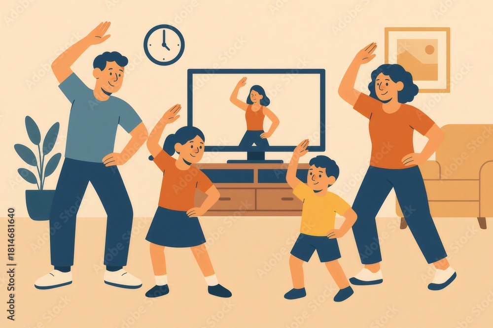 Fototapeta premium Family doing home workout at home. Parents and children following virtual fitness instructor on TV, staying active