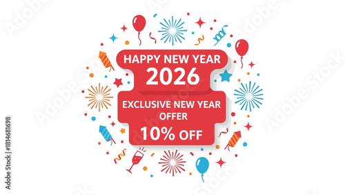 New Year 2026 Celebration: An invitation to revelry, as festive symbols such as fireworks, balloons, and confetti surround the bold inscription of Happy New Year 2026.