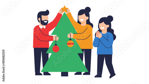 Festive Family Moment: A heartwarming scene unfolds as a family unites to decorate their Christmas tree. Filled with joy and anticipation, it's a timeless holiday tradition.