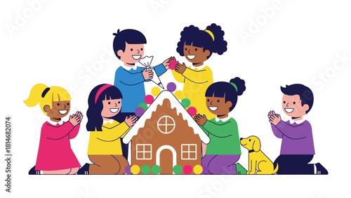 Building the Dream:  A group of children work collaboratively to decorate a gingerbread house, showcasing teamwork, creativity, and the joy of shared experiences.