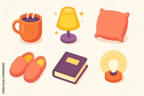 Cozy Evening Icons. Cozy Evening flat icons set. warm drink, glowing lamp, soft pillow, slippers, book, gentle light