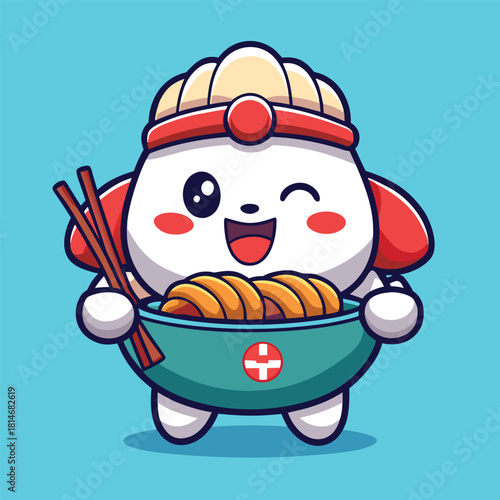 Adorable cartoon dog wearing a chef hat happily holding a bowl of ramen noodles