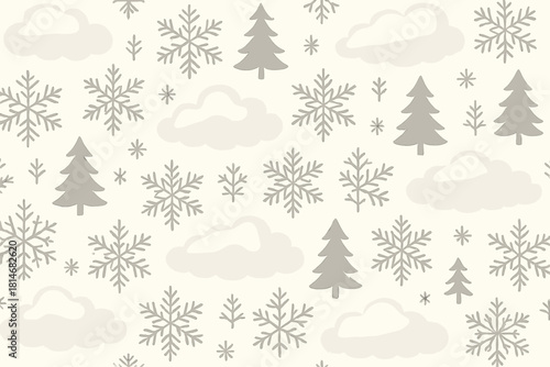 Dreamy Winter Landscape. Delicate clouds float softly among the pattern's elements, adding a sense of lightness and airiness. The clouds' rounded shapes contrast. Vector illustration