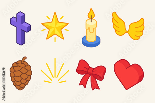 Christmas Spirit Icons. Holy Christmas Spirit flat icons set. cross, glowing star, candlelight, angel wing, pinecone, light rays, ribbon, heart