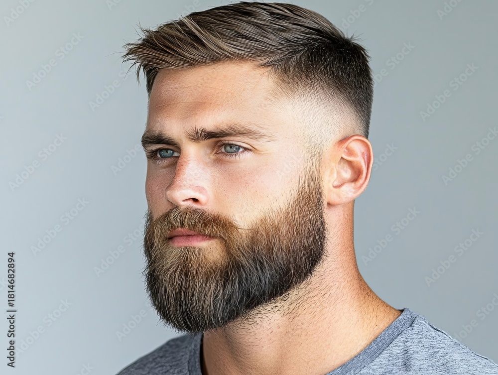 Obraz premium Portrait of a young Caucasian man with a stylish beard and haircut, exuding confidence and charisma.
