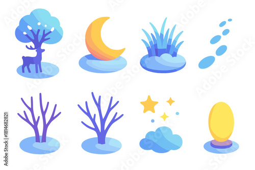 Evening Meadow Icons. Evening Snowy Meadow flat icons set. deer under tree, glowing moon, frosty grass, snow trail, bare branches, stars above, breath mist, gentle light