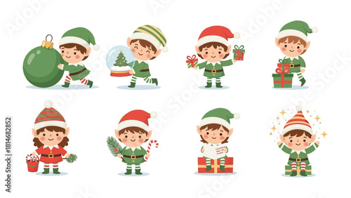 Cheerful Christmas Elf: A festive collection of elves brimming with holiday cheer, engaged in delightful activities like gift-giving and decorating. Each elf radiates warmth.