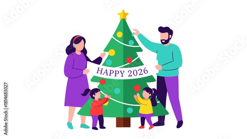 Joyful Holiday Gathering: A family lovingly decorates a festive tree, creating cherished memories, with the promise of a joyful new year.