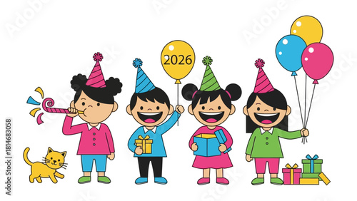 Party Joy: A group of excited kids is ready to celebrate, featuring colorful hats, balloons, presents, and party supplies. The playful illustration captures the excitement of a fun party.