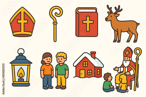 Modern Saint Nicholas Icons. Classic Saint Nicholas Tale flat icons set. bishop hat, staff, book, reindeer, lantern, children, snow-covered house, storytelling scene