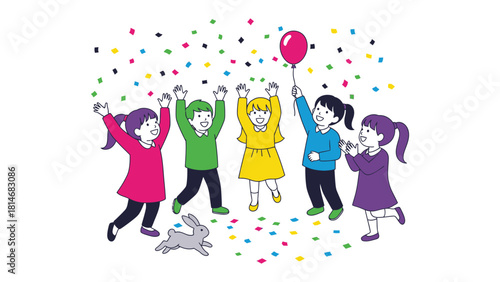 Children’s party: A group of children is in colorful outfit, dancing with joy at a children's party, their faces lit up with happiness. Colorful confetti adds to the festive atmosphere.