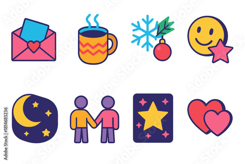 Vibrant Seasonal Icons. Seasonal Words flat icons set. Kind Wishes, Cozy Greetings, Winter Blessings, Bright Smiles, Magical Nights, Together Always, Starry Skies, Joyful Hearts