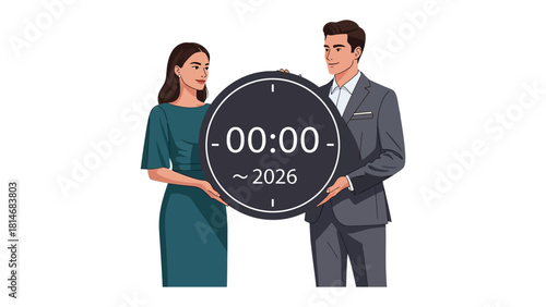 Time for new era: A couple stands together, holding a large clock set to a symbolic time, heralding the arrival of a new year, symbolizing new beginnings, fresh starts.
