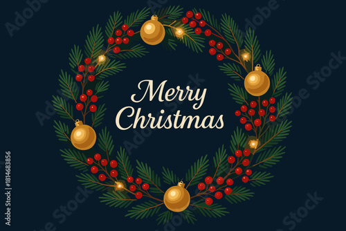 Lush Christmas Wreath. Lush Christmas wreath with pine branches, golden baubles, and red berries forms a circular frame. Twinkling fairy lights weave through the. Vector illustration