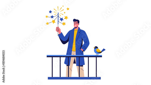 New Year's Eve Celebration: A man stands on a balcony, holding a sparkling firework display, while a friendly bird keeps him company, setting the stage for festive occasions and joyful times. 