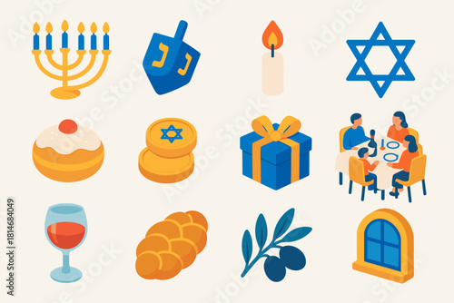 Hanukkah Celebration Icons. Hanukkah Family Gathering flat icons set. menorah, dreidel, candle flame, Star of David, sufganiyah, gelt, gift box, family meal, wine glass, challah