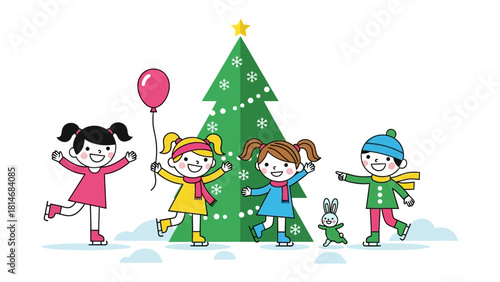 Winter Wonderland Cheer: A festive illustration of children happily ice skating and enjoying the season with a Christmas tree.