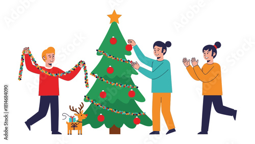 Festive cheer: Festive scene of decorating the Christmas tree with ornaments. capturing the joy and anticipation of the holiday season.
