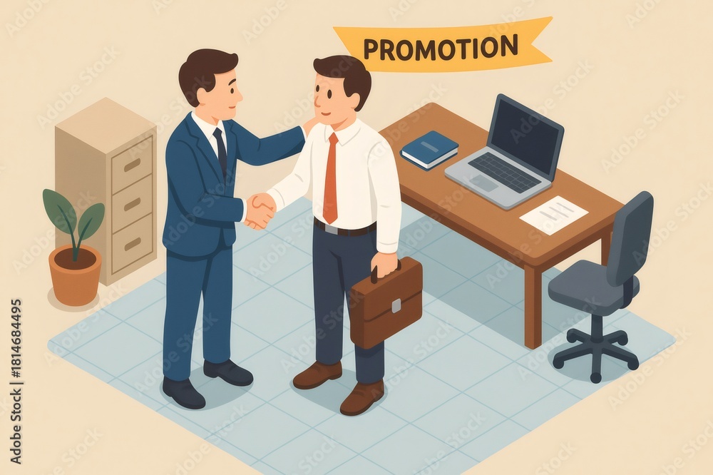 Obraz premium Two businessmen are shaking hands and celebrating a promotion. One man congratulates the other in a professional office setting