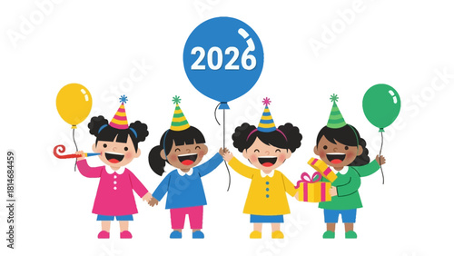 Joyful Celebration: Four diverse children revel in a vibrant birthday bash, balloons, party hats, and gifts adding to the festive atmosphere.  The year 2026 hangs in the air.