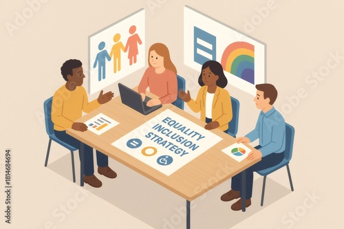 Diverse business team discussing an equality and inclusion strategy during a meeting, promoting diversity in the workplace