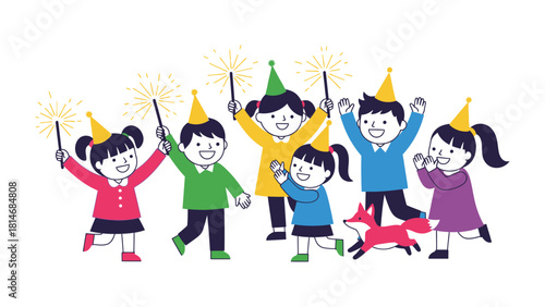 Joyful Celebration: A group of children celebrating with party hats and sparklers, embracing the magic of childhood. 