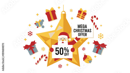 Christmas Promotion with Santa and Festive Elements: A cheerful Santa Claus is the centerpiece, holding a sign displaying a discount, surrounded by a star, gift boxes.