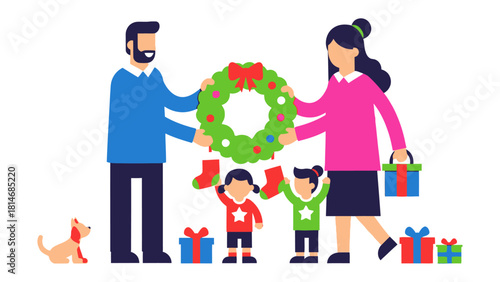 Christmas Family: Illustrative scene of a family preparing for Christmas. A family holding Christmas wreath with children and gift and cute dog, evoking warmth and tradition.