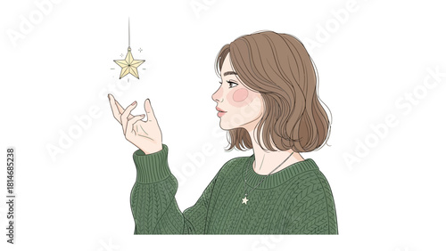 Reaching for a Celestial Dream: An artistic, elegant representation of a woman, embodying introspection and wonder, as she gently reaches for a suspended, ornamental star.