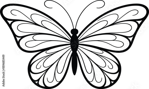 Black outline butterfly with ornate wing patterns insect