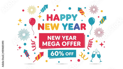New Year Mega Offer: A vibrant promotional banner to herald in the New Year with a mega offer, showcasing a celebratory design with festive elements to draw attention.
