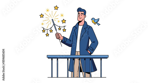 Celebrating Celebration: An illustration of a man joyfully holds a sparkler that emits fireworks, complemented by a bird in the scene, against a minimal background.