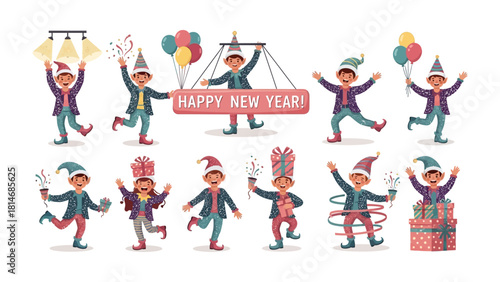 Festive Revelers: A vibrant collection of elves revel in the New Year's spirit, showcasing joyful scenes with gifts, balloons, and confetti against a simple backdrop.