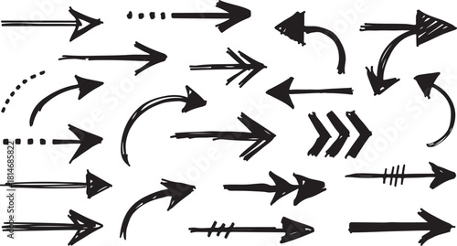 hand drawn sketch pencil drawing many different arrow element set  graphic vector pen scribble icons isolated on white or transparent, Hand-drawn arrow set  pencil sketch arrow icons doodle vector 