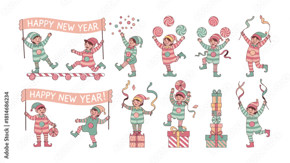 Fototapeta premium Holiday Elf Celebration Set: A charming collection of playful elves joyfully celebrate the New Year with a banner, confetti, and gifts, perfectly capturing the spirit of festivities and anticipation.