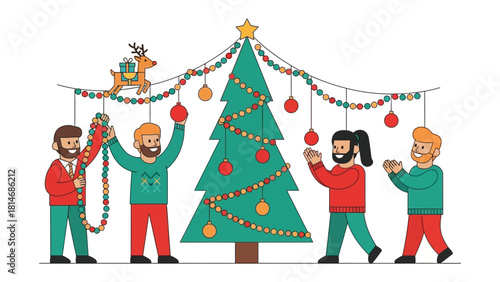 Festive Friends Decorating a Tree: Friends come together, their spirits high as they decorate a Christmas tree, creating a heartwarming scene of festive cheer.