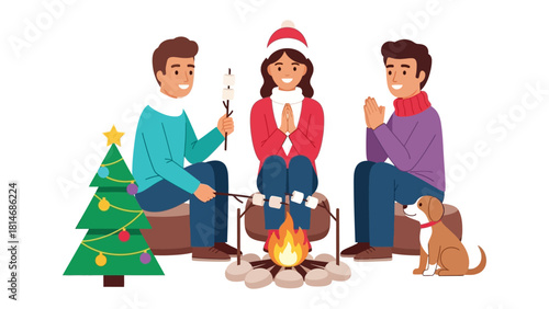 Warmth of Winter Bonding: A cozy winter scene captures the warmth of camaraderie as a group gathers around a crackling campfire, roasting marshmallows, and sharing laughter amidst the snowy landscape.