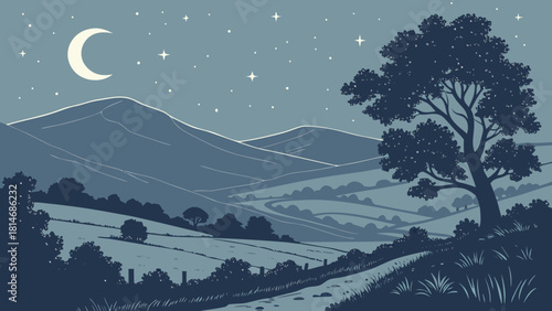 Brecon Beacons – Starry Night Minimal Landscape, Calm Welsh Mountains Silhouette, Modern Night‑Sky Nature Vector Design