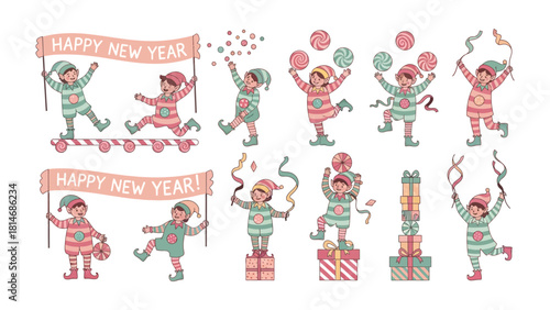 Holiday Elf Celebration Set: A charming collection of playful elves joyfully celebrate the New Year with a banner, confetti, and gifts, perfectly capturing the spirit of festivities and anticipation.
