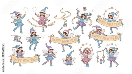 Magical New Year Celebration: A charming assortment of whimsical elves adorns the image, each bearing celebratory banners wishing a Happy New Year, captured in a delightful display of festive cheer.