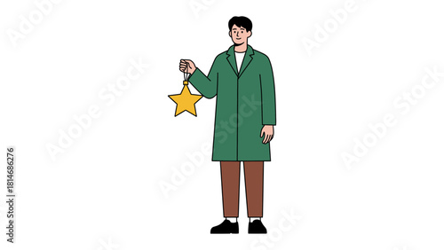 A Person Holding a Golden Star: a single person wearing a green coat holds a bright golden star, symbolizing achievement and aspiration.