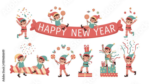 Holiday Elves in Celebration: Cheerful elves frolic joyfully to usher in the new year. A festive scene filled with confetti, gifts, and the spirit of holiday merriment.