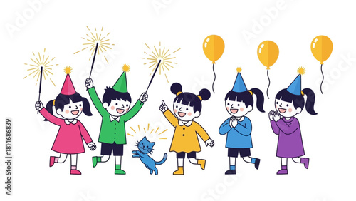 Joyful Celebration: A group of gleeful children, decked in festive attire, ignite sparklers and relish in the magical moment of a party atmosphere, embraced by floating balloons.