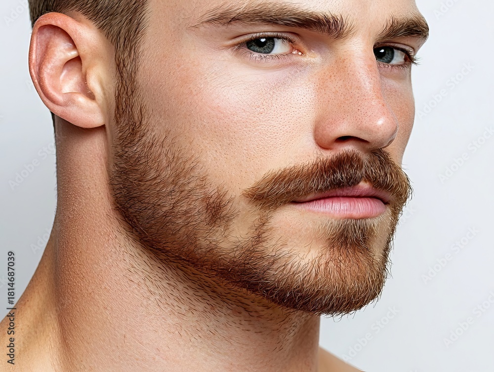 Obraz premium Close-up portrait of a young Caucasian man with a well-groomed beard and mustache, showcasing strong features and confidence.