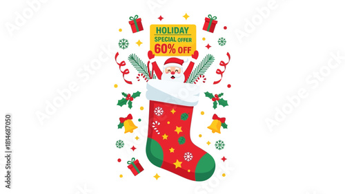 Festive Holiday Special Offer: A joyful Christmas stocking overflowing with gifts, seasonal elements, and a holiday special offer, perfect for promoting seasonal cheer and sales.